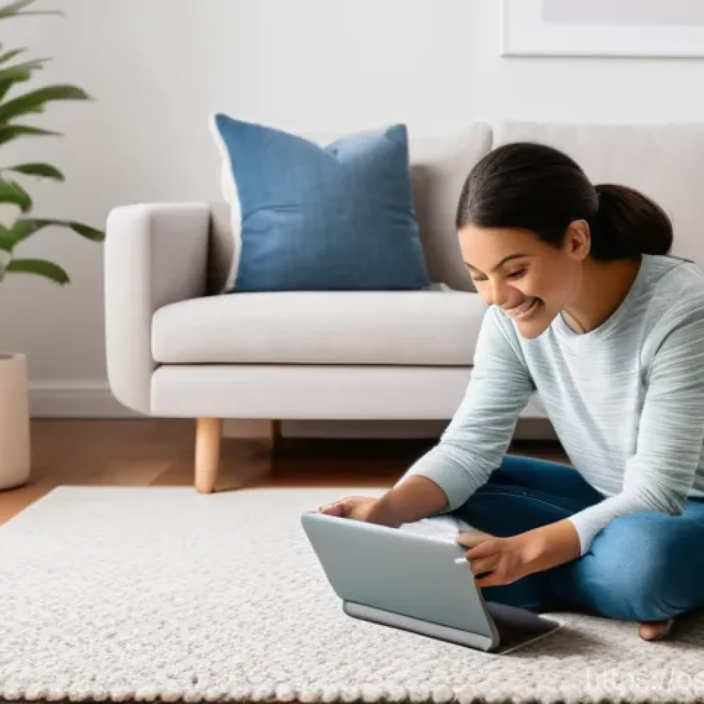 스마트 홈 디바이스 연결 - **Prompt:** A cozy, modern living room filled with natural light. A mother, in her late 30s, is comf...