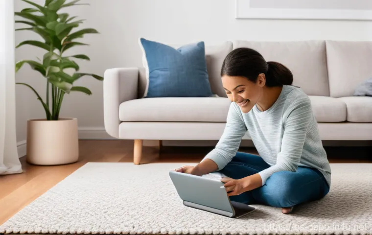 스마트 홈 디바이스 연결 - **Prompt:** A cozy, modern living room filled with natural light. A mother, in her late 30s, is comf...