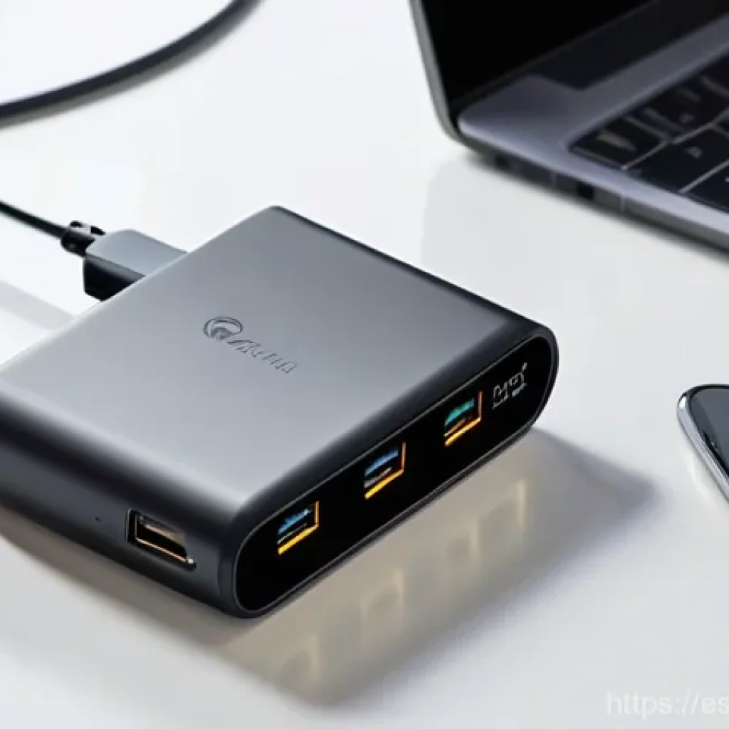 스마트폰 충전 어댑터 선택 - **Prompt:** A sleek, modern GaN multi-port charger, compact in size, sits on a minimalist, light-col...