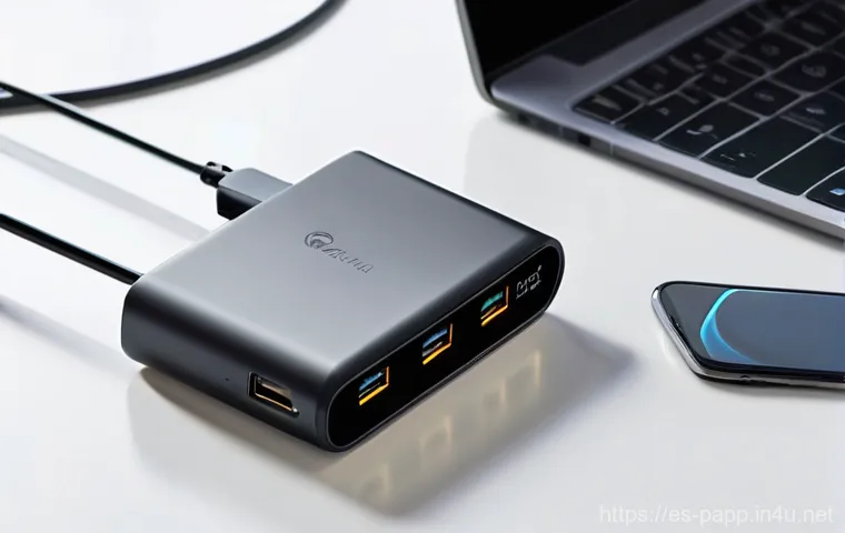 스마트폰 충전 어댑터 선택 - **Prompt:** A sleek, modern GaN multi-port charger, compact in size, sits on a minimalist, light-col...
