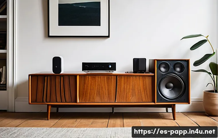 휴대용 블루투스 수신기 - **Vintage Audio System Reimagined**
    *   **Prompt:** "A cozy, sunlit living room with warm wooden...
