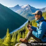 Home 19 휴대용 라디오 장점 - A rugged portable radio resting on a hiking backpack in a scenic mountainous landscape during sunris...