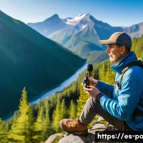 Home 13 휴대용 라디오 장점 - A rugged portable radio resting on a hiking backpack in a scenic mountainous landscape during sunris...