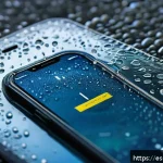 스마트폰 방수 테스트 - A detailed close-up of a modern smartphone displaying an IP68 water resistance certification icon on...