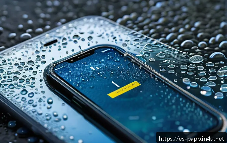 스마트폰 방수 테스트 - A detailed close-up of a modern smartphone displaying an IP68 water resistance certification icon on...