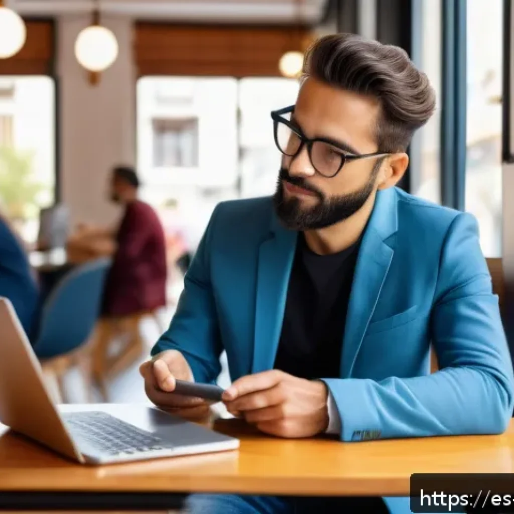휴대용 스마트 와이파이 디바이스 - A professional remote worker sitting comfortably in a modern Spanish caf&eacute;, using a sleek portable 5G...