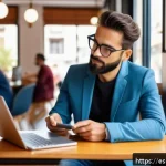 휴대용 스마트 와이파이 디바이스 - A professional remote worker sitting comfortably in a modern Spanish caf&eacute;, using a sleek portable 5G...