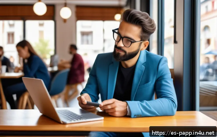 휴대용 스마트 와이파이 디바이스 - A professional remote worker sitting comfortably in a modern Spanish caf&eacute;, using a sleek portable 5G...