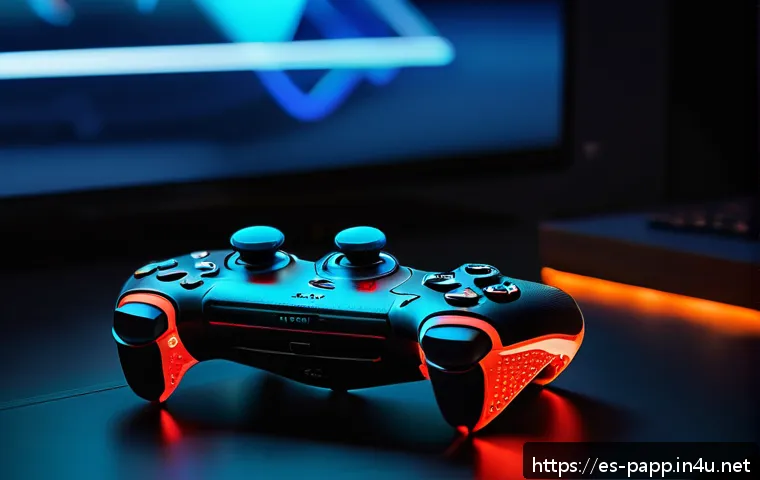 스마트폰 게임 컨트롤러 - A close-up image of a sleek, ergonomic smartphone game controller held by a young adult&rsquo;s hands, sho...