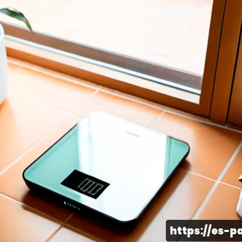 무선 디지털 체중계 - Photorealistic wireless digital bathroom scale on pale terracotta tile in a bright modern Madrid apa...