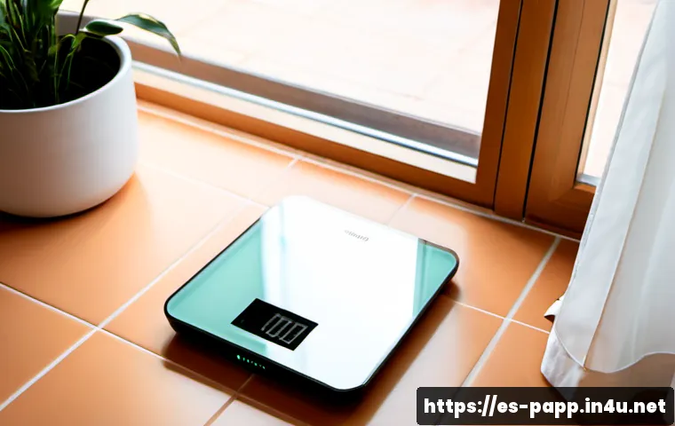 무선 디지털 체중계 - Photorealistic wireless digital bathroom scale on pale terracotta tile in a bright modern Madrid apa...