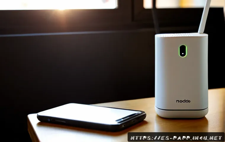 휴대용 와이파이 공유기 - Photorealistic portable Wi‑Fi router on a clean café table in Madrid, compact unbranded white device...